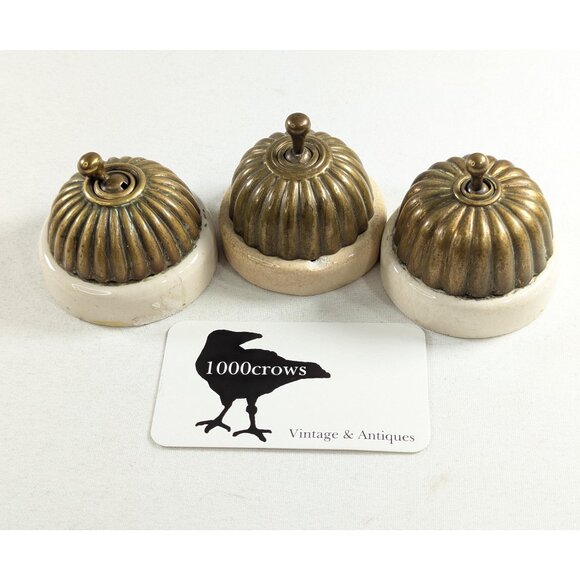 Lot of 3 Victorian Porcelain & Brass Light Switches, antique home electrical - Picture 1 of 7